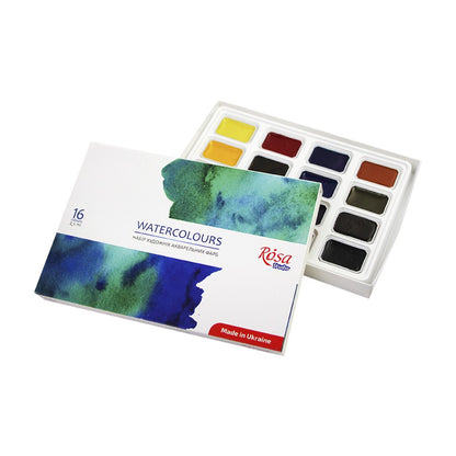 ROSA Studio Watercolour Paint Set, 16 Colours, 2.5ml Half Pans, Beginner Artist Gift, Made in Ukraine