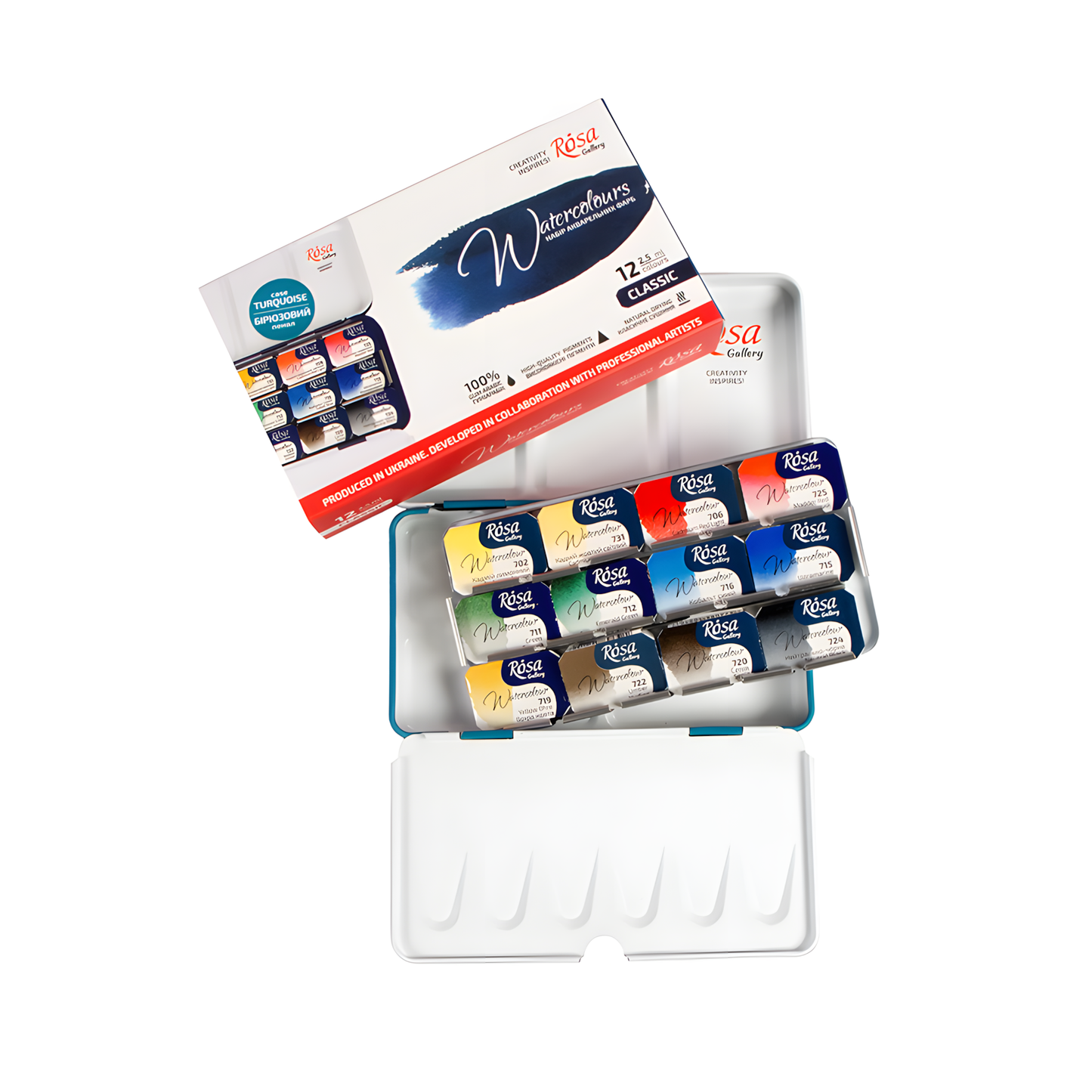 ROSA Gallery Classic Watercolour Set, 12 or 21 Full Pans, 2.5ml, Turquoise Metal Case, Ukraine