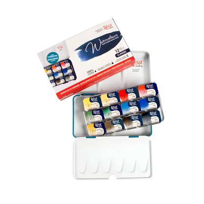 ROSA Gallery Classic Watercolour Set, 12 or 21 Full Pans, 2.5ml, Turquoise Metal Case, Ukraine