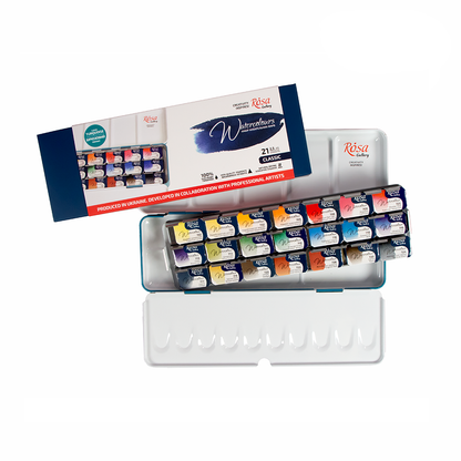 ROSA Gallery Classic Watercolour Set, 12 or 21 Full Pans, 2.5ml, Turquoise Metal Case, Ukraine