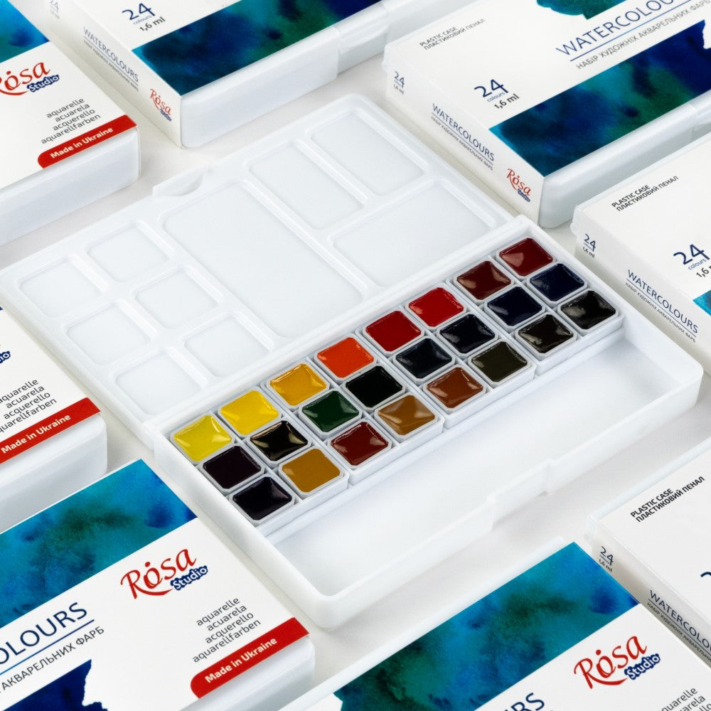 ROSA Studio Watercolour Set 24 Half Pans — Plastic Case with Palette & Pencil Slot