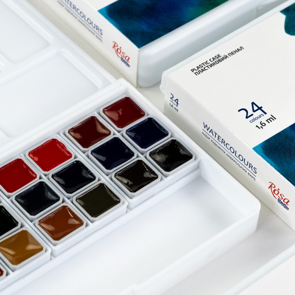 ROSA Studio Watercolour Set 24 Half Pans — Plastic Case with Palette & Pencil Slot