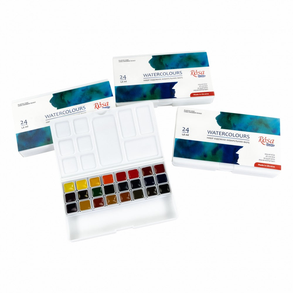 ROSA Studio Watercolour Set 24 Half Pans — Plastic Case with Palette & Pencil Slot