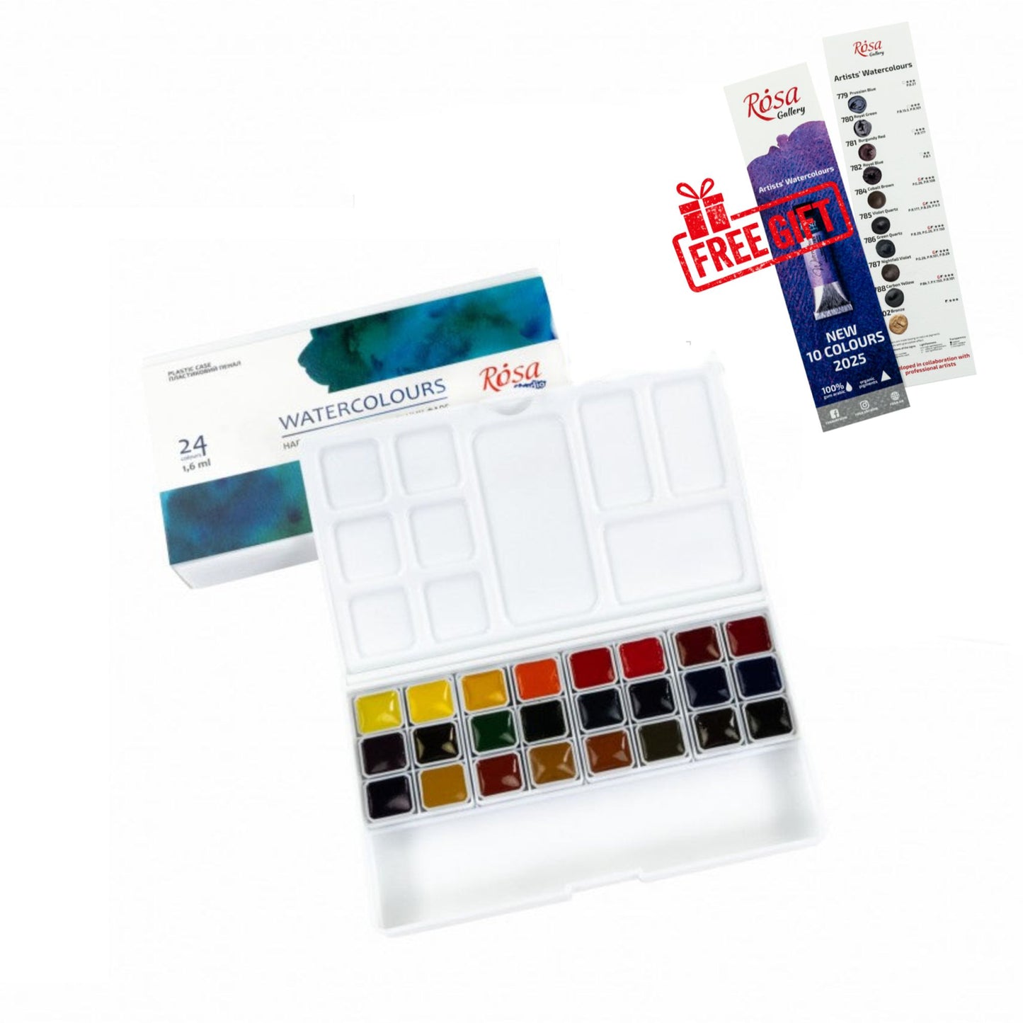 ROSA Studio Watercolour Set 24 Half Pans — Plastic Case with Palette & Pencil Slot