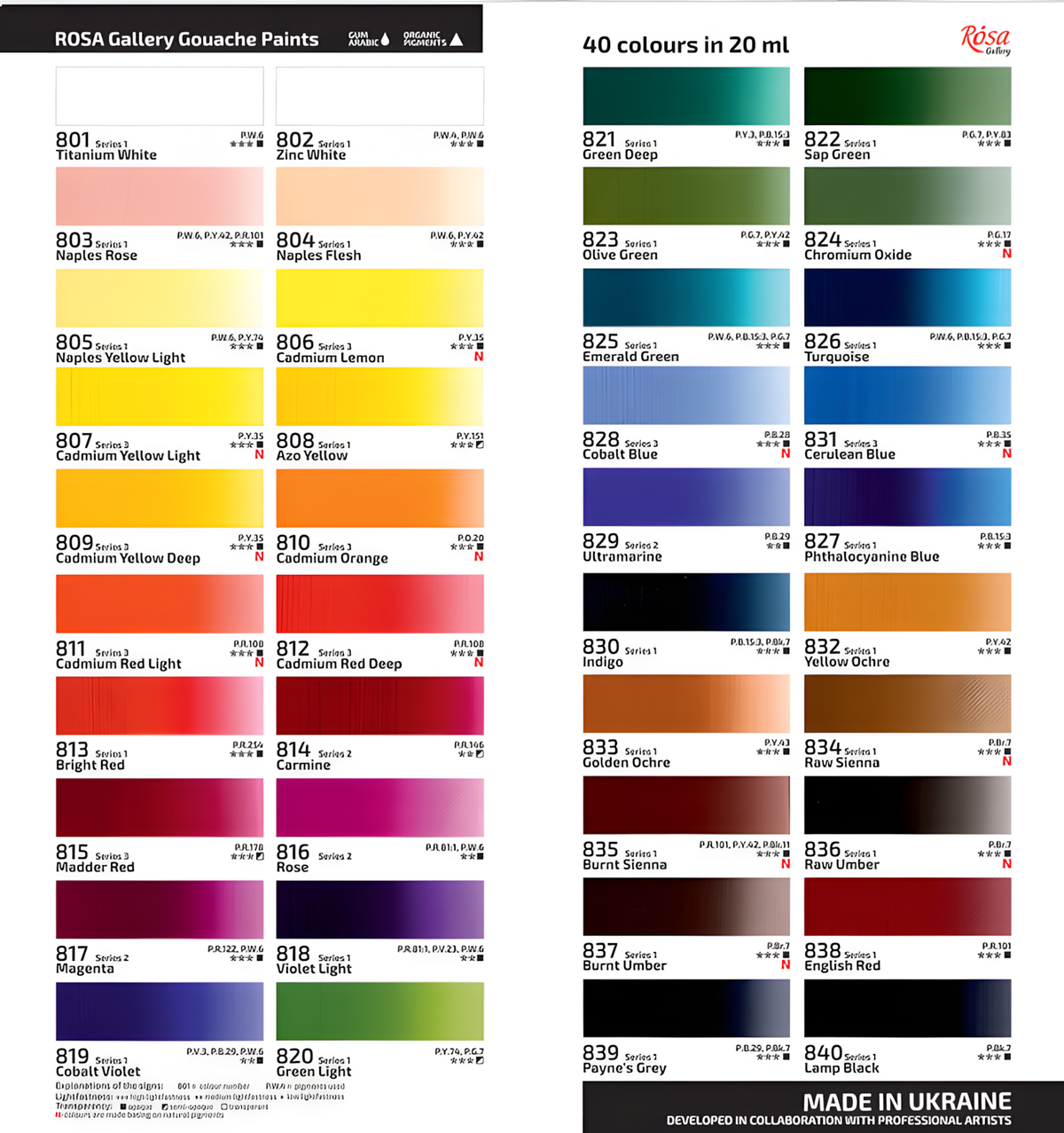 ROSA Gallery Professional Gouache 20ml Tube — Single Colour, Matte Opaque Artist Paint, 40 Colours