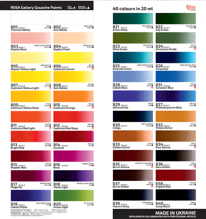 ROSA Gallery Professional Gouache 20ml Tube — Single Colour, Matte Opaque Artist Paint, 40 Colours