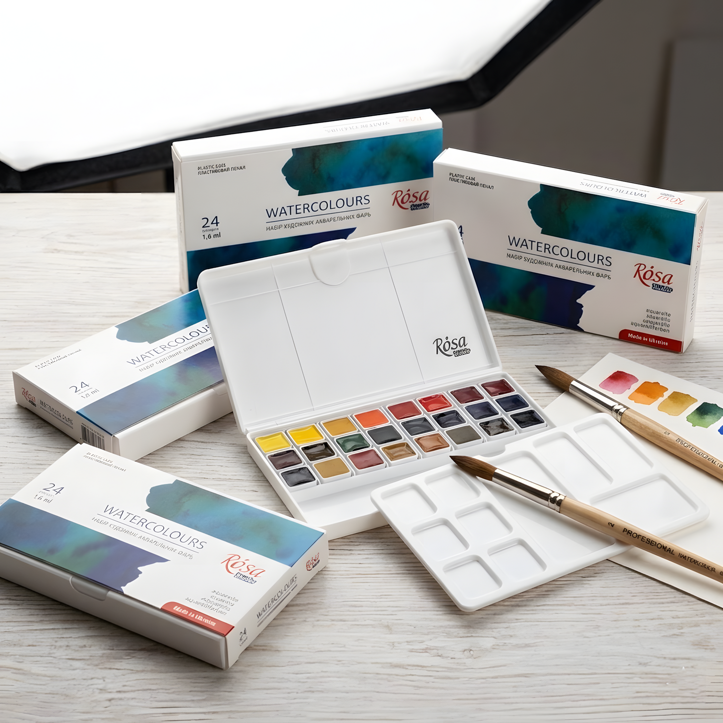 ROSA Studio Watercolour Set 24 Half Pans — Plastic Case with Palette & Pencil Slot